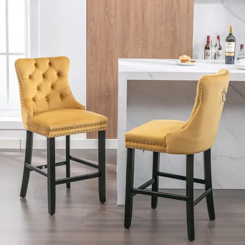 Miniatura 10 de Juego de 2 Sillas de Comedor, Modernos Taburetes de Bar Tapizados de Terciopelo con Decoración de Botones Capitoné y Patas de Madera, Ribete