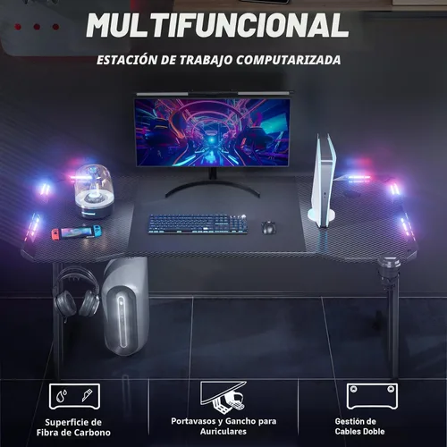 Miniatura 6 de HLDIRECT Escritorio para juegos de 47 pulgadas con luces LED, mesa grande de escritorio RGB para computadora con soporte para tazas, gancho