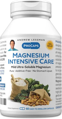 Andrew Lessman Magnesio Intensive Care 60 cápsulas – 200 mg de magnesio ultra soluble suave, soporta nervios, músculos, cerebro y corazón, sin