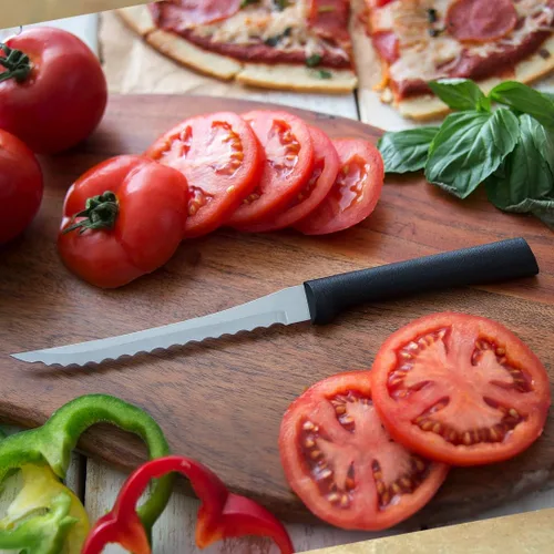 Miniatura 4 de Rada Cuchillo rebanador de tomate (W226), hoja dentada de acero inoxidable de 5 pulgadas, mango negro