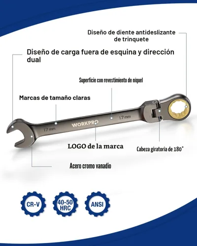 Miniatura 8 de WORKPRO Juego de llaves combinadas de trinquete de cabeza flexible de 8 piezas, métricas 0.354-0.669 in, 72 dientes, construcción Cr-V, niquelado
