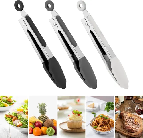 Miniatura 5 de Pinzas de silicona de 7 pulgadas, paquete de 3, pinzas pequeñas con puntas de silicona para cocinar, barbacoa, servir buffet