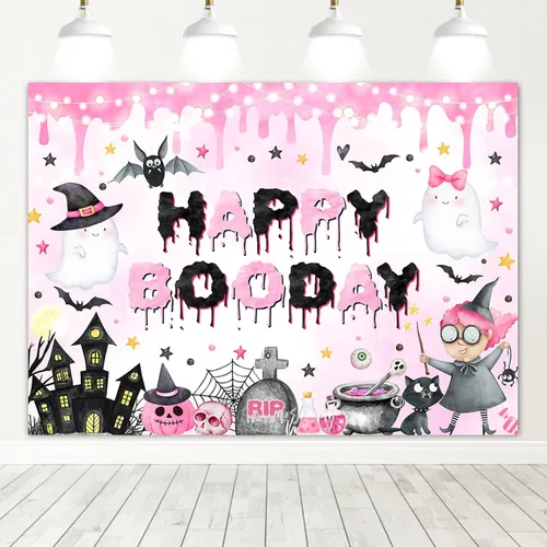 Avezano Telón de fondo rosa de 7 x 5 pies, decoración de fiesta de cumpleaños de Halloween para niñas, suministros de pancartas de Halloween para el