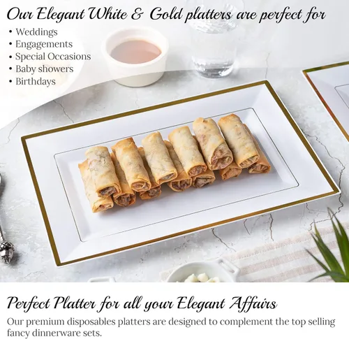 Miniatura 5 de Elegante juego de bandejas y platos de plástico (6 unidades) - Bandejas y platos desechables con borde blanco y dorado para alimentos - Bodas