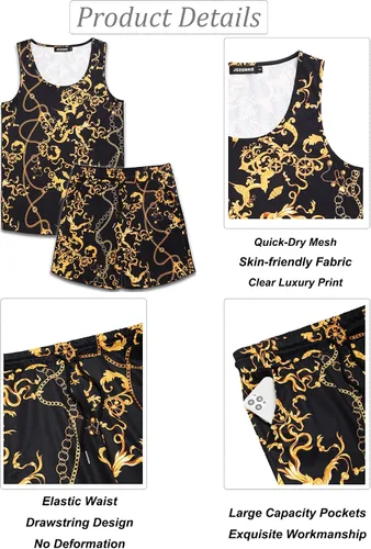 Miniatura 4 de JoZorro Conjunto de camiseta sin mangas con estampado floral para hombre, camiseta deportiva casual con estampado de lujo, ropa deportiva hawaiana