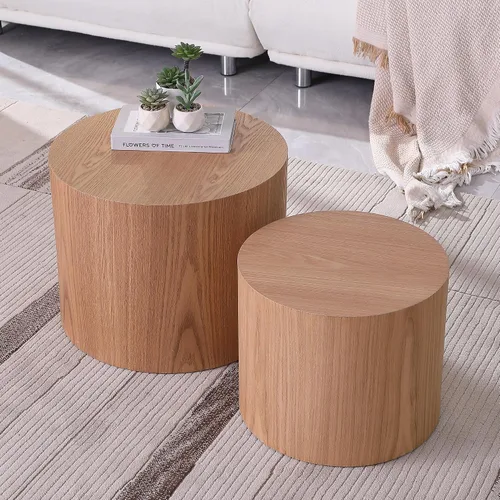 Miniatura 3 de JUSTONE Juego de mesa auxiliar anidable de 2 piezas, mesas redondas de madera de roble moderno para sala de estar para dormitorio y oficina en casa