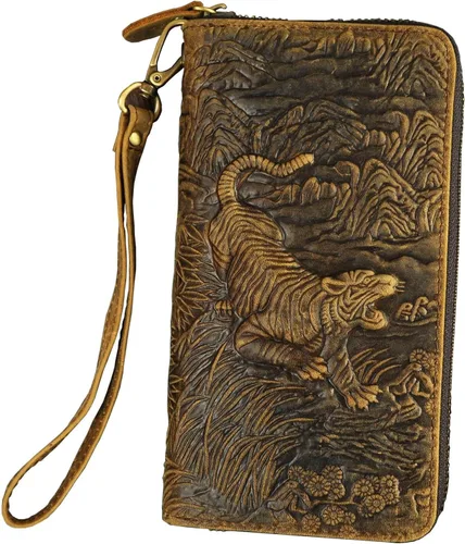 Le'aokuu Unisex calidad cuero genuino cadena embrague mano bolso organizador monedero chequera cremallera cartera 1016, Tigre W1016, Cartera con