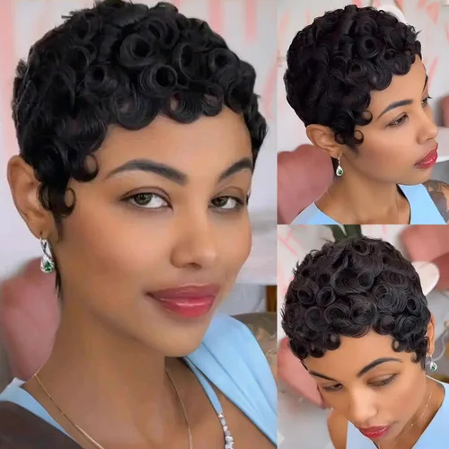 Miniatura 15 de YJOQOKOA Peluca corta de corte Pixie para mujeres negras, peluca de cabello humano lacio negro natural, peluca estilo Bob, pelucas cortas en capas