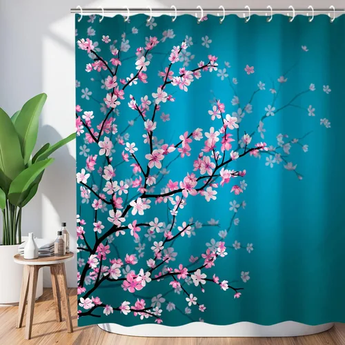Miniatura 12 de LIVILAN Cortina de ducha con flores rosas y grises, cortinas de ducha florales de acuarela con ganchos, tela blanca y gris, decoración de baño