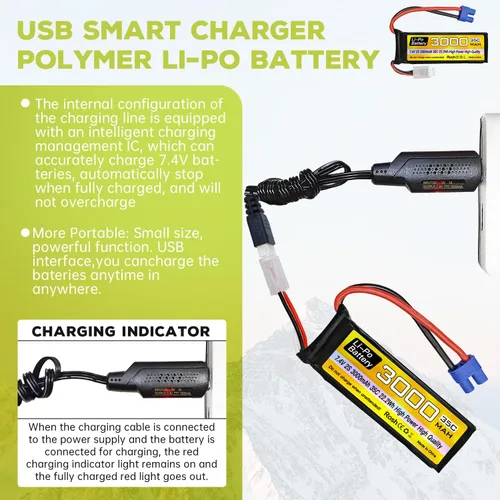 Miniatura 3 de 2 unidades 2S Lipo batería 7.4 V 3000 mAh 35C con enchufe EC3 con 2 cables de carga USB para RC coche, camión, barco, cuadricóptero FPV Drone batería