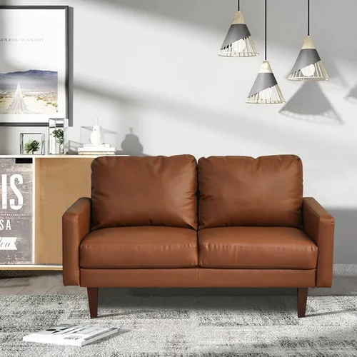 Miniatura 2 de INSTORY Sofá de dos plazas de cuero cómodo sofá moderno con patas de madera para sala de estar, oficina - marrón