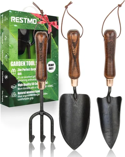 RESTMO Kit de herramientas de jardinería 3 en 1, herramientas de mano de jardín de acero al carbono de alta calidad con mango de madera ergonómico,