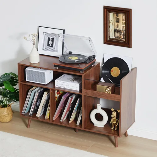 Miniatura 6 de RARZOE Soporte grande para tocadiscos, soporte de exhibición de discos de vinilo de mediados de siglo, soporte para tocadiscos con almacenamiento