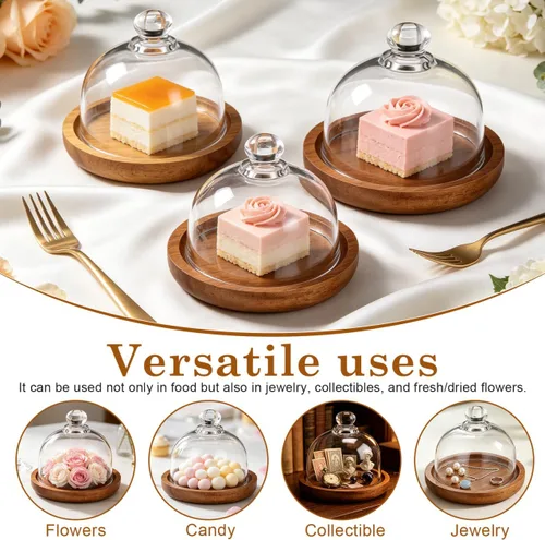 Miniatura 5 de Yardwe Paquete de 2 mini cúpula de postre de cristal con base de madera, soporte para pasteles de 3.4 pulgadas con cubierta de vidrio transparente
