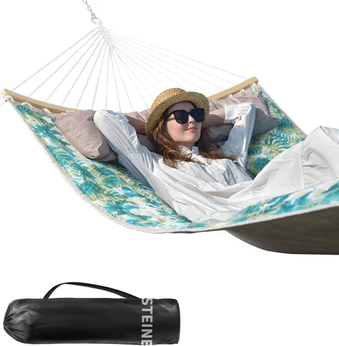 Miniatura 10 de Hamaca doble, hamaca de tela acolchada de 11 pies para 2 personas para exteriores con almohada, barra separadora curvada plegable, cadenas, bolsa