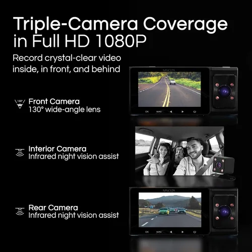 Miniatura 2 de Cámara de salpicadero Minolta – DVR de coche de 3 canales 1080P con cámara trasera e interior, visión nocturna, pantalla LCD de 3.0”, sensor G
