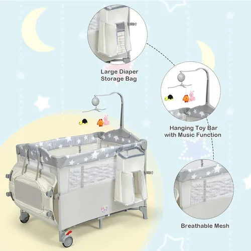 Miniatura 9 de HONEY JOY Pack and Play con moisés, 5 en 1, cuna para bebé para colocar junto a la cama con mesa de cambio de pañales y bolsa de almacenamiento, Café