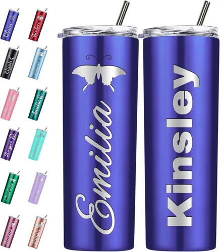 Miniatura 9 de Vaso personalizado personalizado con nombre grabado y logotipo, vasos delgados personalizados con tapa y pajita, vaso aislado de acero inoxidable