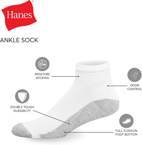 Miniatura 10 de Hanes Calcetines dobles resistentes para hombre, que disipan la humedad del cuello redondo y el tobillo, color blanco y negro, varios paquetes