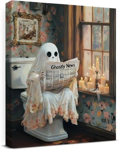 QPVXSST Arte de Pared Interesante de Fantasma de Halloween para Baño, Póster Impreso en Lienzo de Estilo Gótico, Decoración de Baño con Diseño de