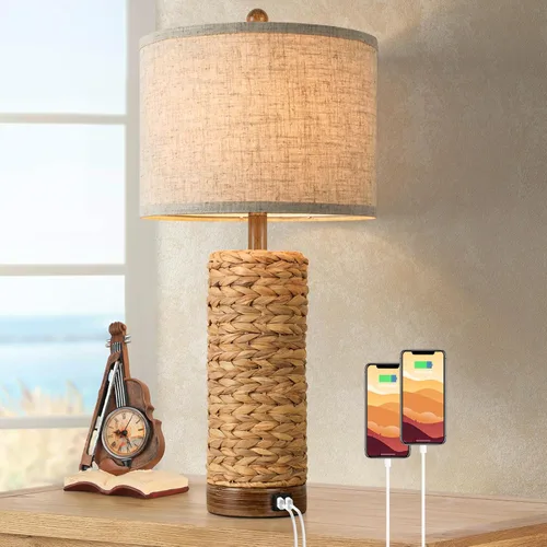 Miniatura 11 de Juego de 2 lámparas de mesa de ratán para sala de estar con 2 puertos USB, lámpara de dormitorio de 27 pulgadas de alto, casa de campo costal