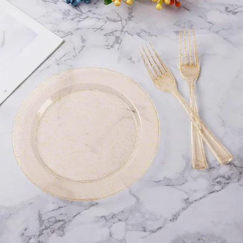 Miniatura 2 de Goodluck 240 platos de plástico de postre con purpurina dorada de 7 pulgadas con tenedores de 7.4 pulgadas, platos dorados para aperitivos para 120