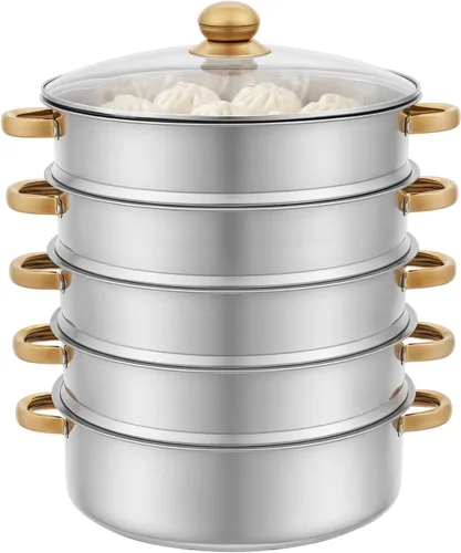 Miniatura 9 de Vaporizador de acero inoxidable de 3 niveles, 11 pulgadas (11.0 in) D para alimentos y verduras, utensilios de cocina con tapa de vidrio para cocina
