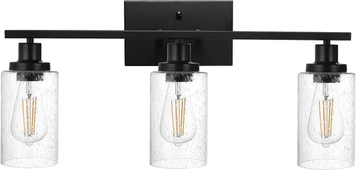 Aplique de pared de 3 luces negro mate para tocador de baño, lámpara de pared de granja con vidrio sembrado para cocina, sala de estar, espejo
