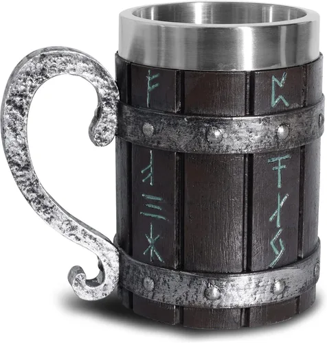 Taza vikinga nórdica, jarra de cerveza de madera de roble, forro de acero inoxidable, mitología nórdica, taza de café de runas vikingas para Taza