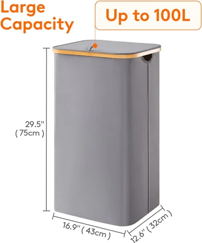 Miniatura 4 de Lifewit - Cesta de ropa sucia de 100L con tapa, cestos para la ropa con asas de bambú y una bolsa extraíble, cesto grande plegable para la ropa
