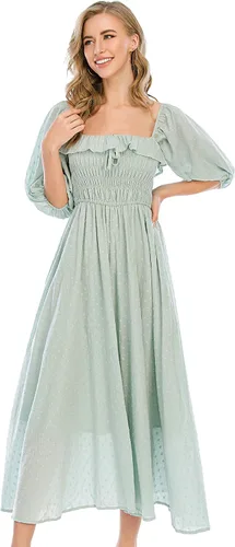 Miniatura 3 de R.Vivimos - Vestidos largos de verano de media manga para mujer, hechos de algodón, con volantes, estilo vintage, elegantes, con espalda descubierta