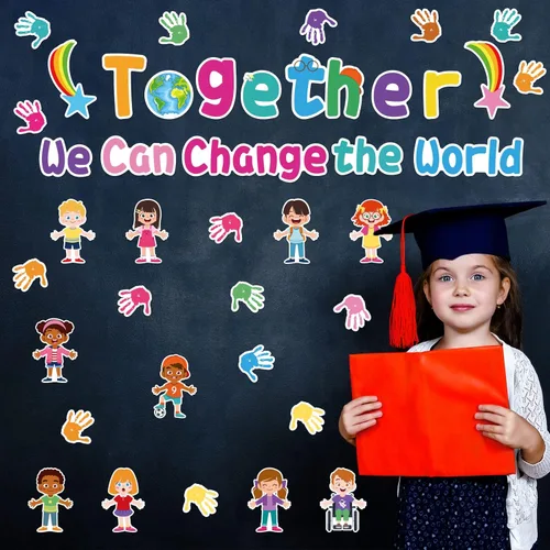 Miniatura 5 de Juntos Podemos Cambiar el Mundo - Juego de Tableros de Anuncios para el Aula, Decoraciones de Regreso a la Escuela, Tablero de Anuncios Manos