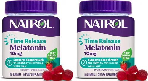 Miniatura 10 de Natrol Gomitas de melatonina de 10 mg, gomitas de sueño de liberación prolongada para adultos, minimizan los despertadores, sabor a fresa, 55