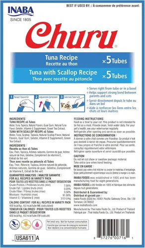 Miniatura 2 de INABA Churu - Golosinas para gatos, puré cremoso exprimible sin granos, para lamer, exprimible con vitamina E, taurina y té verde, 80 tubos, caja
