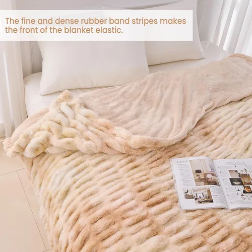 Miniatura 5 de Softan Manta de piel sintética extra suave, cálida manta de piel sintética a rayas con reverso de franela para sofá, cama, sala de estar, beige, 60