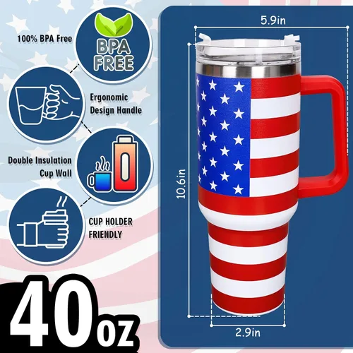 Miniatura 2 de Whaline Vaso patriótico del 4 de julio de 40 oz con asa, pajita y tapa, estrellas y rayas en rojo, azul y bandera de EE. UU., vaso de viaje del día