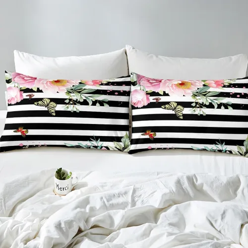 Miniatura 4 de Funda de edredón floral rosa, funda de edredón a rayas blancas y negras, juegos de ropa de cama rosa y negro, rosa con mariposa y hojas, elegante