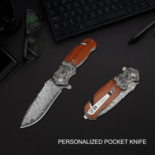 Miniatura 8 de Zingbee Navaja de bolsillo con rompecristales, navaja plegable de Damasco EDC con cortador de cinturones de seguridad, navaja multiusos de bolsillo