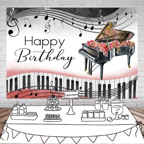 Miniatura 2 de Mocsicka Fondo de cumpleaños de piano, tema musical, decoraciones de cumpleaños, notas de piano, teclas, suministros de fiesta de cumpleaños