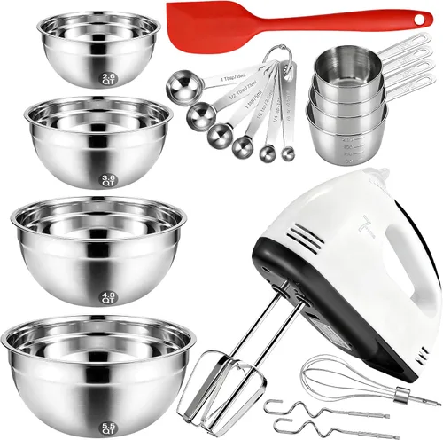 Showvigor Batidora de mano eléctrica con juego de cuencos de acero inoxidable – 7 velocidades Turbo-Boost mezclador de mano con grandes tazones para