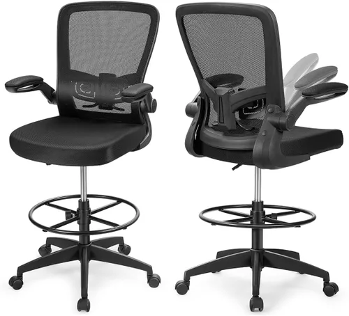 Giantex Silla de dibujo, sillas de oficina con respaldo alto, con reposapiés, reposabrazos abatible, altura ajustable, silla de escritorio Negro