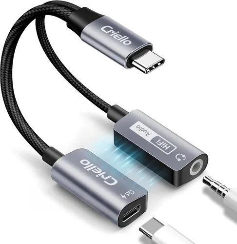 Criello Adaptador de audio magnético USB-C a 0.138 in y cargador 2 en 1 para auriculares y cargador tipo C adaptador de audio con PD 60W cable