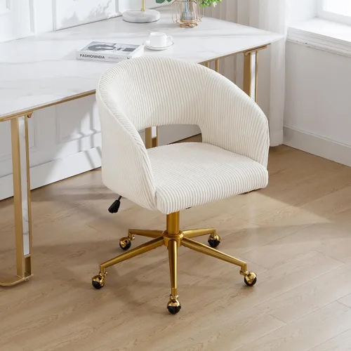 Miniatura 9 de Silla de escritorio ABET con ruedas, silla de oficina de corduroy, silla giratoria con base dorada, sillas acentuadas modernas tapizadas, respaldo