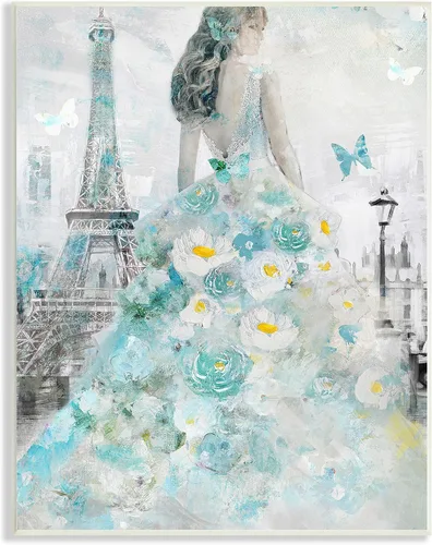Stupell Industries Mujer parisina con mariposa y vestido floral azul pintura placa de pared, 10 x 15, diseño por artista Main Line Art & Design |