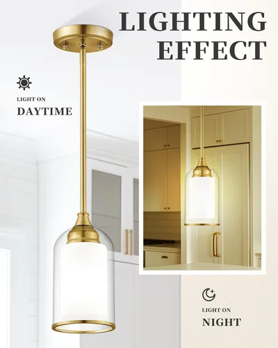 Miniatura 3 de LIROUVET Luces Colgantes Doradas para Isla de Cocina - Lámpara Colgante de Cristal Doble, Luz Colgante de 1 Luz con Cristal Transparente y Lechoso