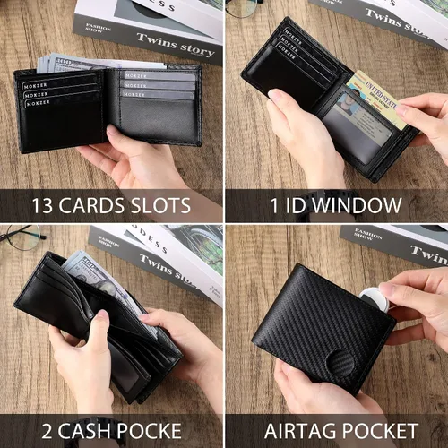 Miniatura 3 de Airtag mens Wallet Rayas negras Cartera de cuero para hombre