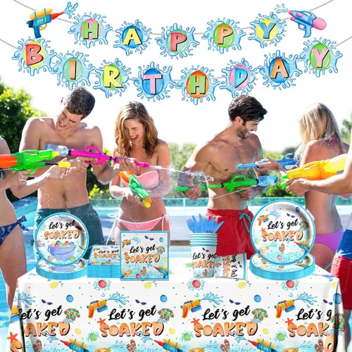 Miniatura 2 de Decoraciones de fiesta de verano, juego de vajilla de 142 piezas para fiesta de pistolas de agua, incluye platos y servilletas, mantel, bandera