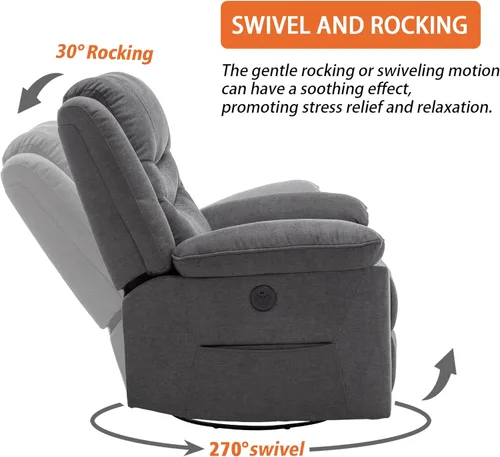 Miniatura 5 de Ketaiyou Sillón reclinable eléctrico giratorio con masaje y calor, puerto USB, posición infinita, mecedoras eléctricas de gran tamaño para sala