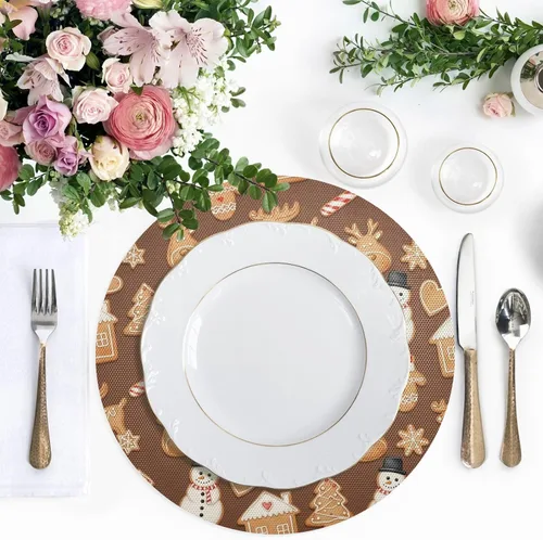 Miniatura 5 de Christmas Gingerbread Cookies Brown Round Table Placemats, Non Slip Washable Kitchen Table Mat for Kitchen Table one sizex6