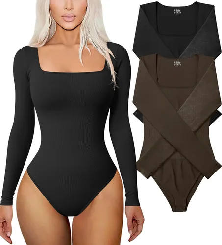 TOB Body de 2 piezas para mujer, sexy, acanalado, de una pieza, manga larga, cuello cuadrado